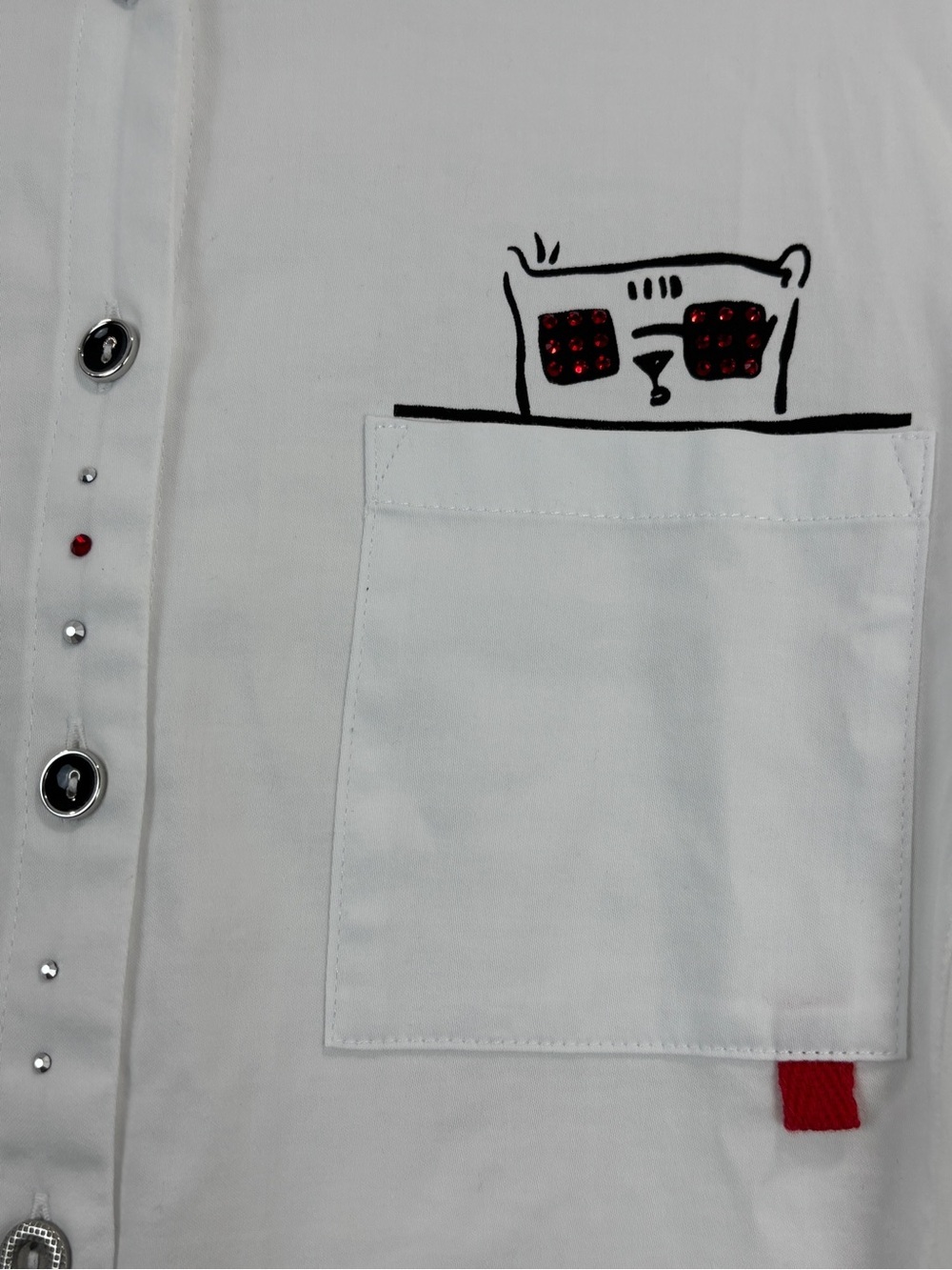 Dolcezza White Button Front Shirt M Artsy Graphic Pocket Collared Modern Art Top - Picture 4 of 17